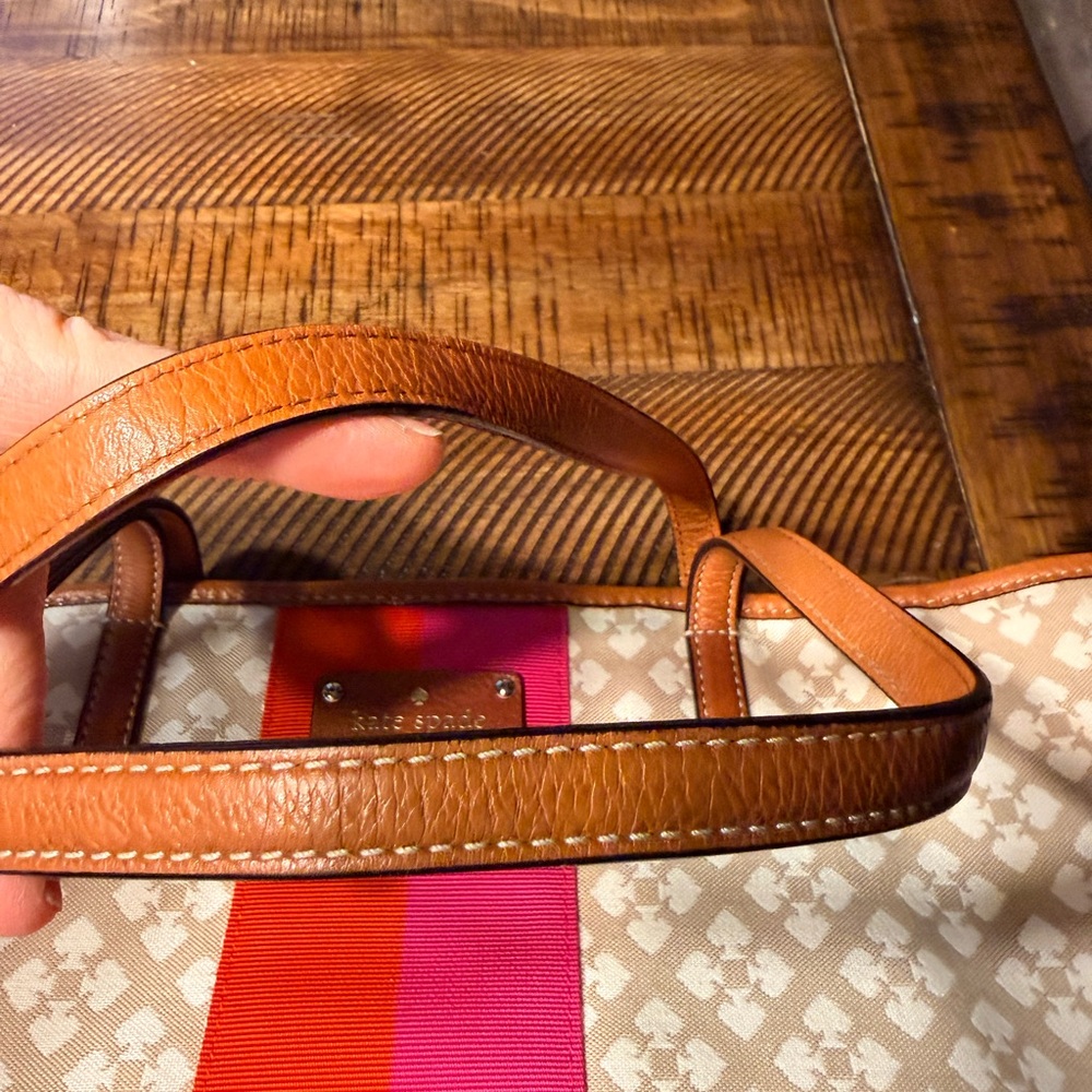 Kate Spade Beige Monogram Tote with Pink and Red Stripe - Picture 8 of 8